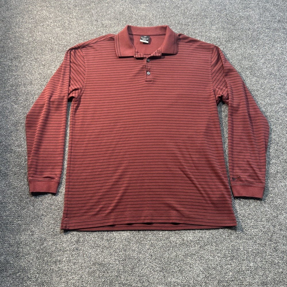 Nike Golf Polo Shirt Mens L Red Striped Long Sleeve Silver Tag